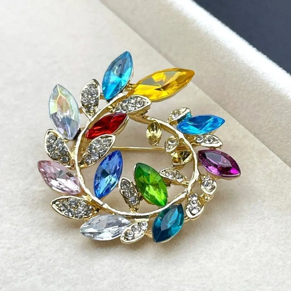 Yellow Gold with Multicolored Crystal Floral Leaf Wreath Pin Back Brooch